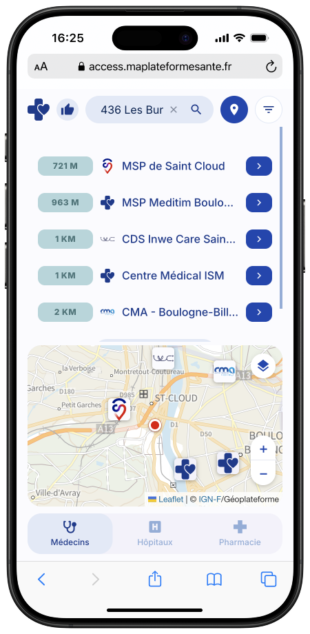 Application Acc&egrave;s aux soins Ma Plateforme Sant&eacute; sur mobile&nbsp;: structures de soins proches et temps d'attente en temps r&eacute;el