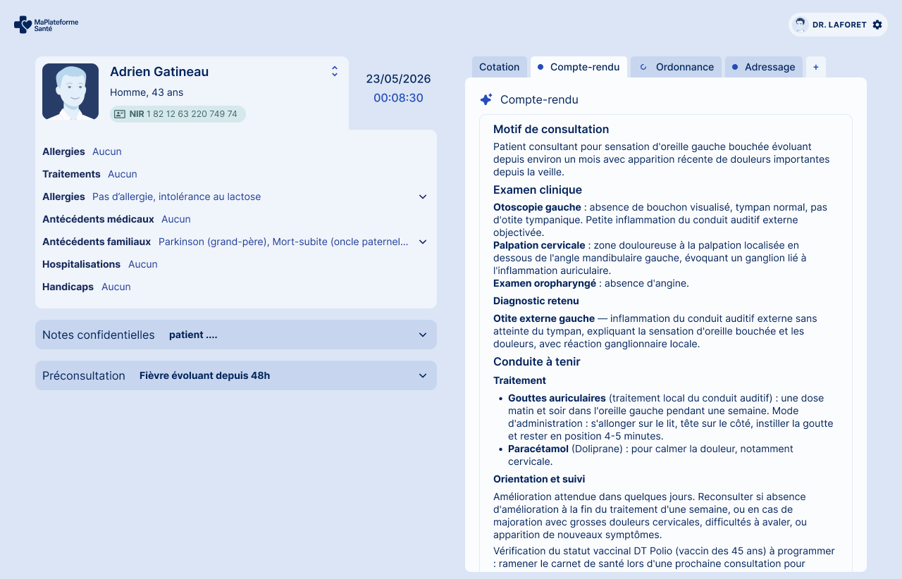 Interface médecin Ma Plateforme Santé | compte-rendu automatisé et cotation